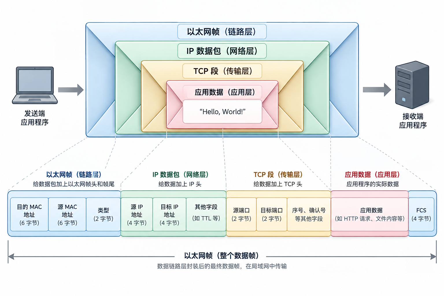 TCP、IP 和以太网逐层封装网络数据的示意图